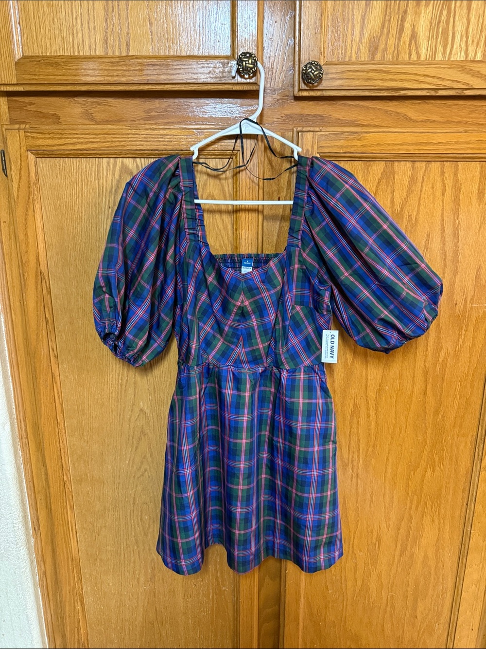 Old Navy Plaid Puff-Sleeve Mini Dress - Blue & Green